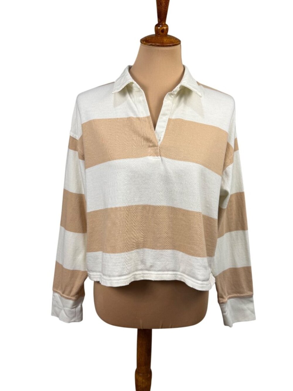 Aerie Oversized Striped Beige & White Cropped Rugby Long Sleeve Shirt Size S